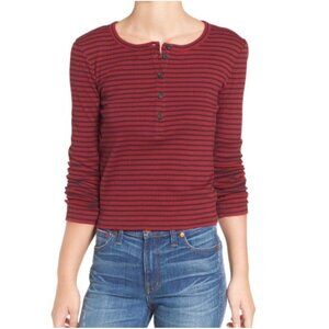 Madewell Top Women Size Small Red Striped Henley Ribbed Casual Minimalist